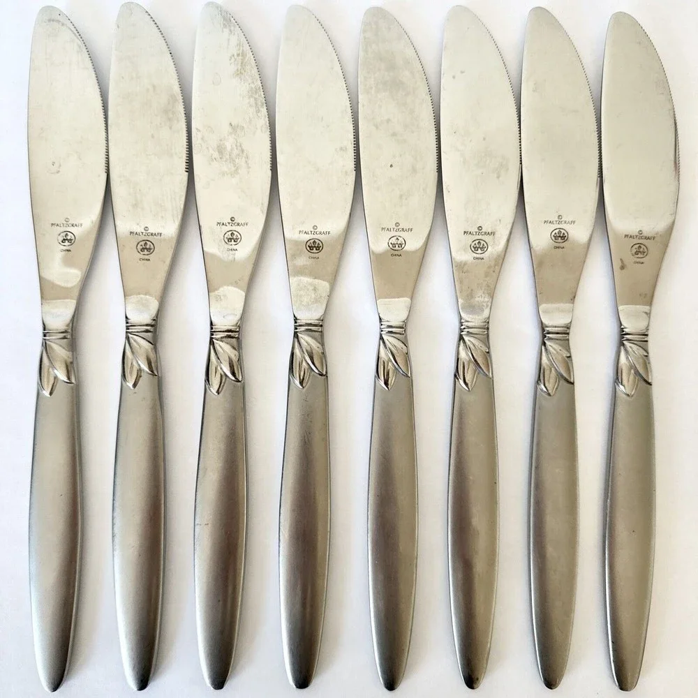 8 Pc Pfaltzgraff stainless 18/0 Satin Laurel Frosted handle Dinner Knives